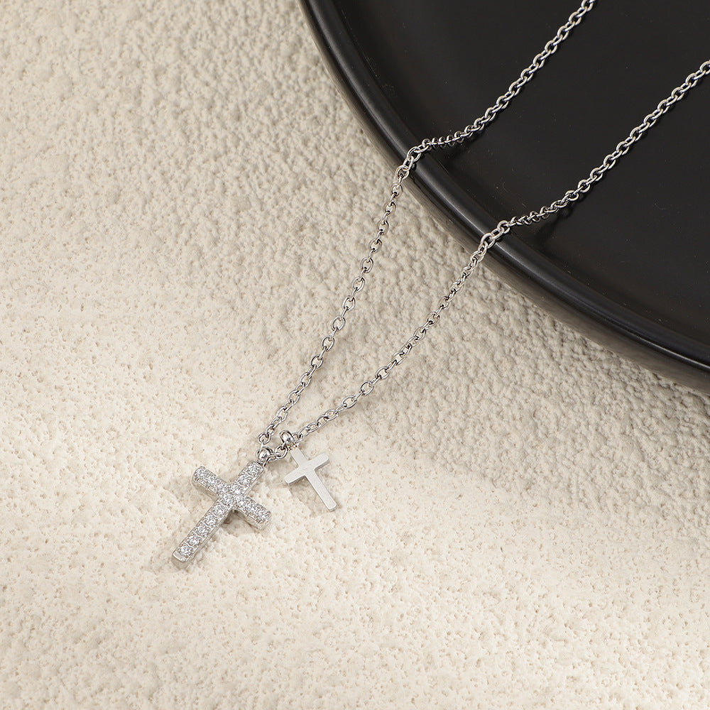 Wholesale Korean Style Fashion Stainless Steel 18K Gold Plated Double Cross Pendant Necklace for Women