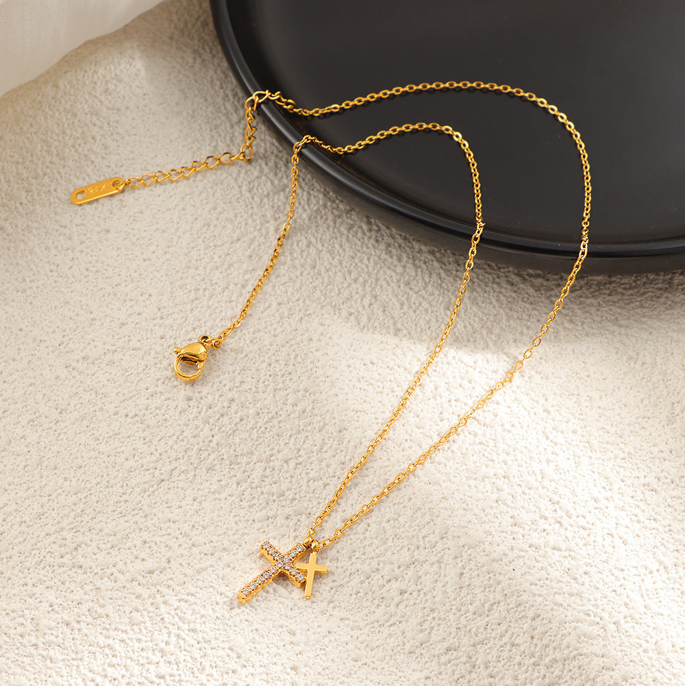 Wholesale Korean Style Fashion Stainless Steel 18K Gold Plated Double Cross Pendant Necklace for Women