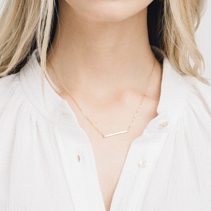 Wholesale Korean Style Fashion Stainless Steel Gold Plated Rectangle Horizontal Bar 30x2mm Charm Pendant Necklace Women