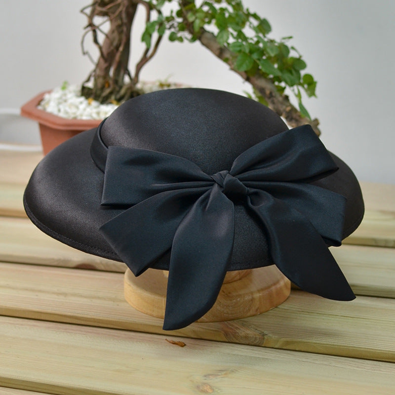 Wholesale Wedding Party Wide Brim Fedora Hat for Women Vintage Satin Fabric Elegant Bow Deep Top Hats Church Hat Bucket Cap