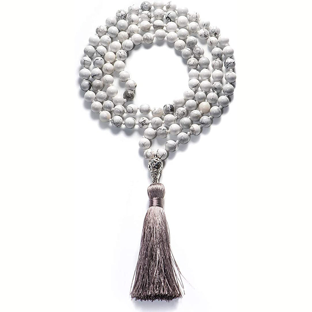handmade natural gemstone japamala necklace 108 beads amazonite howlite tassel prayer yoga jewelry hawain necklace