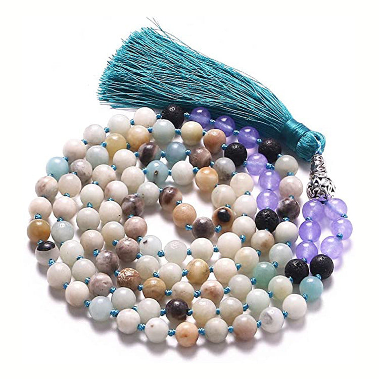 handmade natural gemstone japamala necklace 108 beads amazonite howlite tassel prayer yoga jewelry hawain necklace