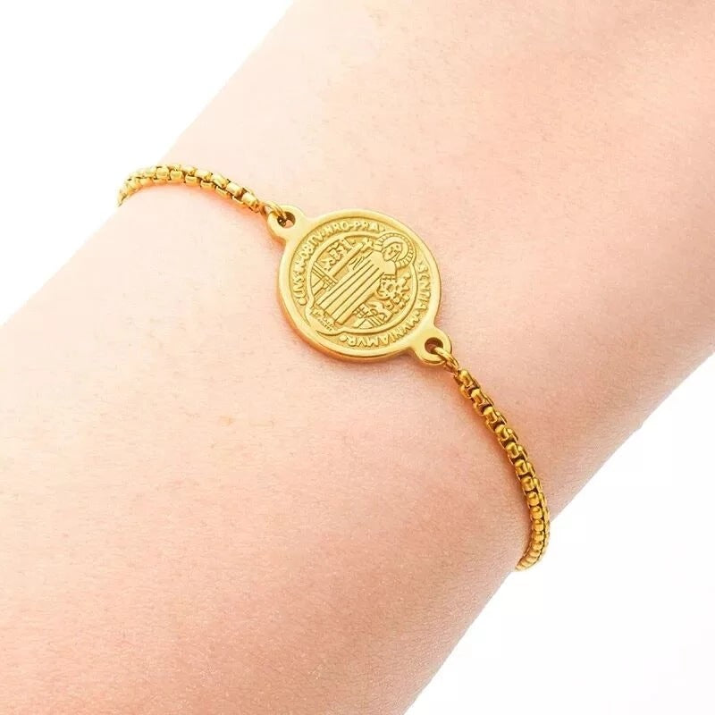 Stainless Steel Catholic Saint St Benedict San Benito Medal Cuff Charm Bangle Bracelet Jewelry 18k Gold Plated Color