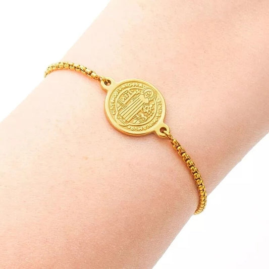 Stainless Steel Catholic Saint St Benedict San Benito Medal Cuff Charm Bangle Bracelet Jewelry 18k Gold Plated Color