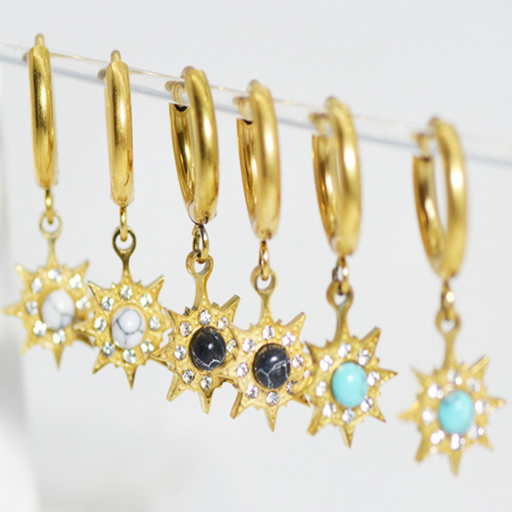 Boutique 304 Stainless Steel Pvd 18k Gold Plated Gemstone Turquoise Howlite Stones Charm Sunburst Star Dangle Earring Jewelry
