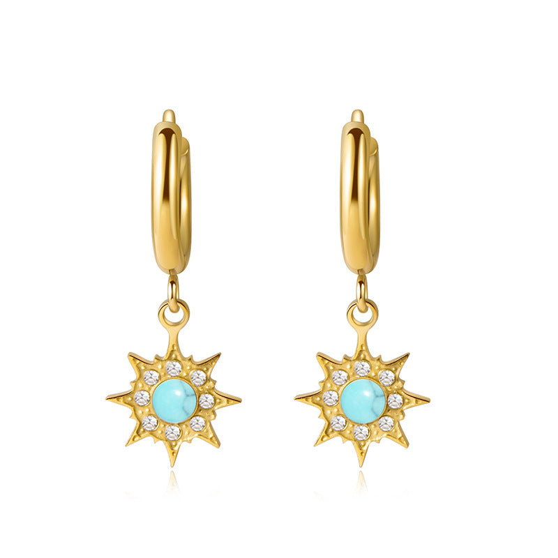 Boutique 304 Stainless Steel Pvd 18k Gold Plated Gemstone Turquoise Howlite Stones Charm Sunburst Star Dangle Earring Jewelry