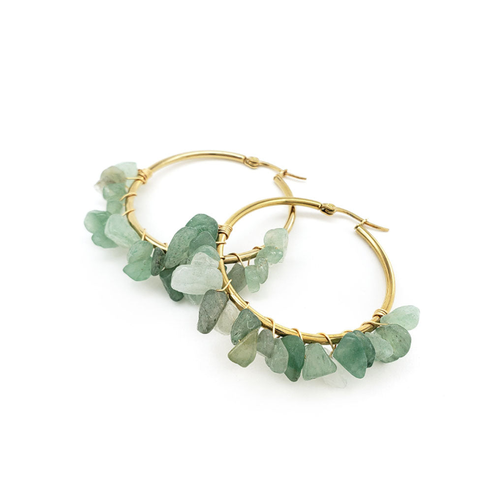 Bohemian Stainless Steel Gold Plate 4cm Hoop with Natural Amethyst Rose Quartz Gemstone Chips Stone Looped Earring for Women