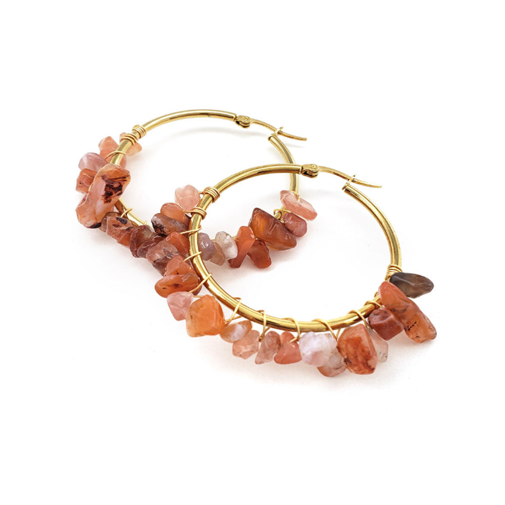 Bohemian Stainless Steel Gold Plate 4cm Hoop with Natural Amethyst Rose Quartz Gemstone Chips Stone Looped Earring for Women