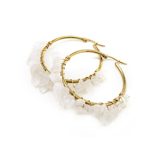 Bohemian Stainless Steel Gold Plate 4cm Hoop with Natural Amethyst Rose Quartz Gemstone Chips Stone Looped Earring for Women