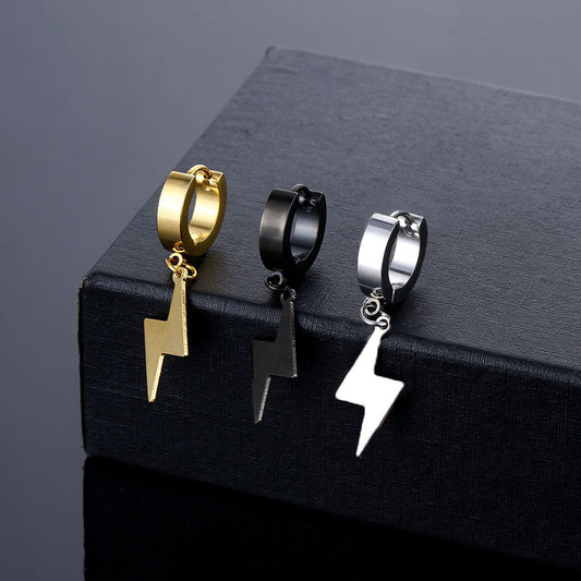 Stainless Steel Clip on Ear Cuff Hoops with Charm Dangles Lightning Earrings Unisex Men and Women Non-pierced Support