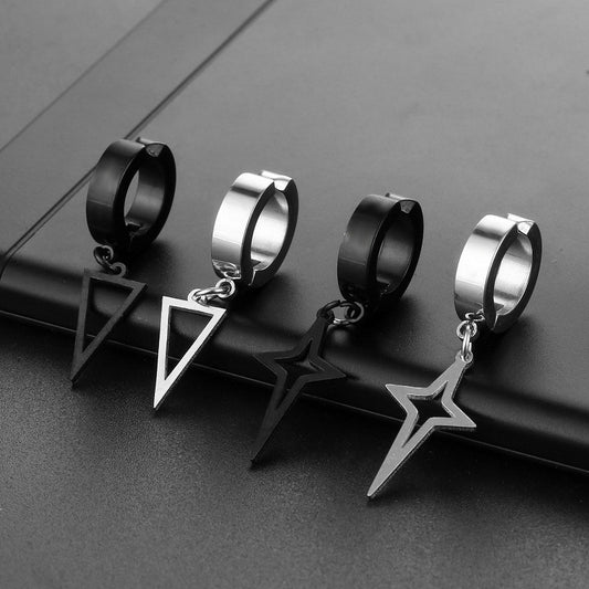 Stainless Steel Clip on Ear Cuff Hoops with Charm Dangles Star Triangle Earrings Unisex Men and Women Non-pierced Support