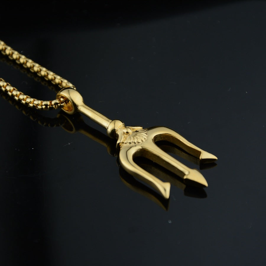 Fashion 316 Stainless Steel Gold Color 18k Plated Trident Pendant Necklace Men Jewelry