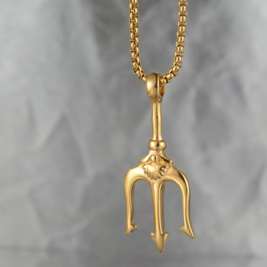Fashion 316 Stainless Steel Gold Color 18k Plated Trident Pendant Necklace Men Jewelry