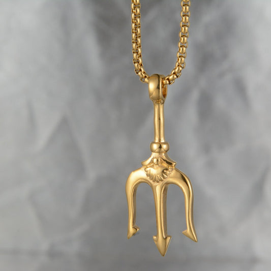 Fashion 316 Stainless Steel Gold Color 18k Plated Trident Pendant Necklace Men Jewelry