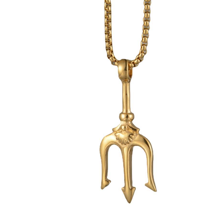 Fashion 316 Stainless Steel Gold Color 18k Plated Trident Pendant Necklace Men Jewelry
