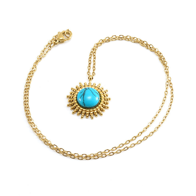 Fashion Chic Stainless Steel Gold Plated with Turquoise Stone Pendant Necklace Jewelry