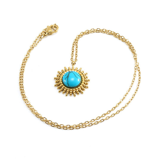 Fashion Chic Stainless Steel Gold Plated with Turquoise Stone Pendant Necklace Jewelry