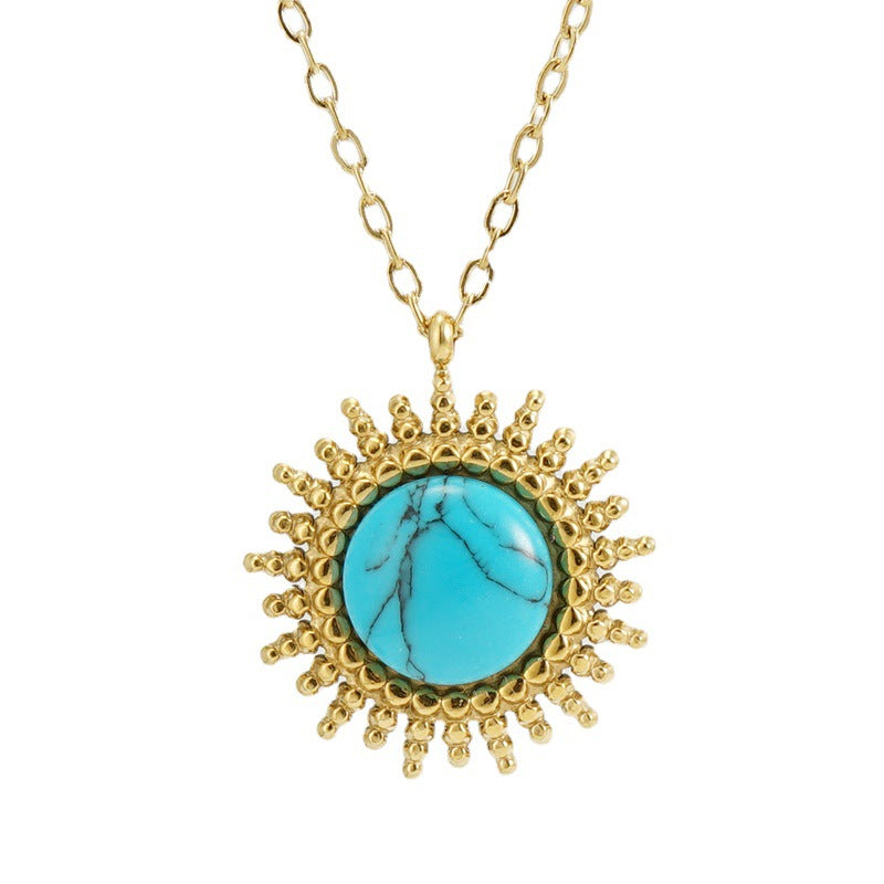 Fashion Chic Stainless Steel Gold Plated with Turquoise Stone Pendant Necklace Jewelry