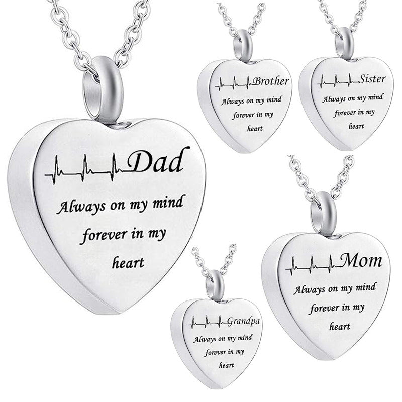 Mom Dad Wife Husband Son Daughter Sublimation Stainless Steel Urn Necklace Cremation Heart Vial Necklace Jewelry for Ashes Women