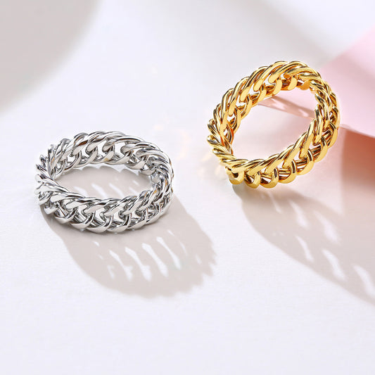 Stylish Fashion Stainless Steel Gold Plated Cuban Link Chain Finger Ring Jewelry Rings for Boys Male Women