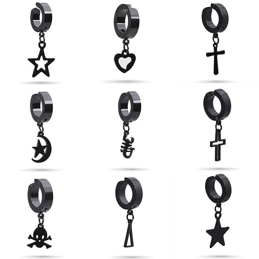 Stainless Steel Clip on Ear Cuff Hoops with Charm Dangles Star Cross Heart Earrings Unisex Men and Women Non-pierced Support