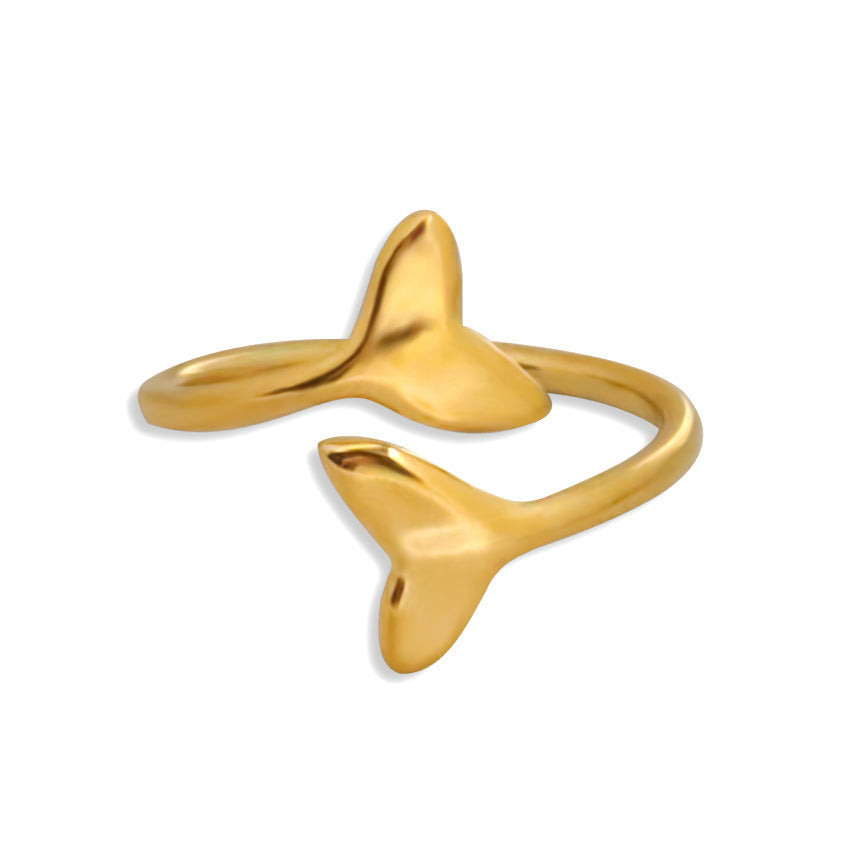 Fashion Sea Beach Stainless Steel PVDD Plating Waterproof Tarnishfree Mermaid Tail Charm Women Finger Ring Jewelry
