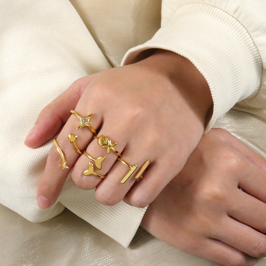 Fashion Sea Beach Stainless Steel PVDD Plating Waterproof Tarnishfree Mermaid Tail Charm Women Finger Ring Jewelry