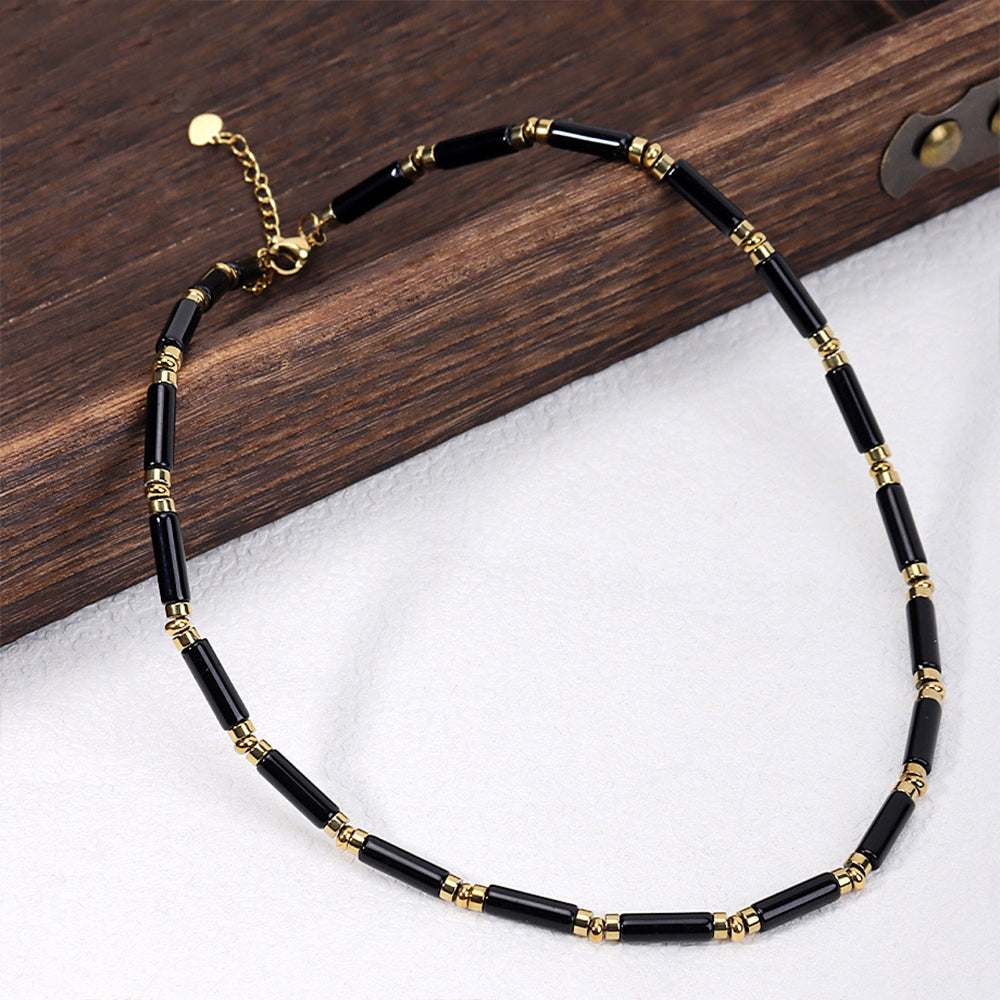 Quake E-commerce 2026 New Arrival Trending Black Natural Gemstone Genuine Cylinder Beads Beaded Necklace Jewelry