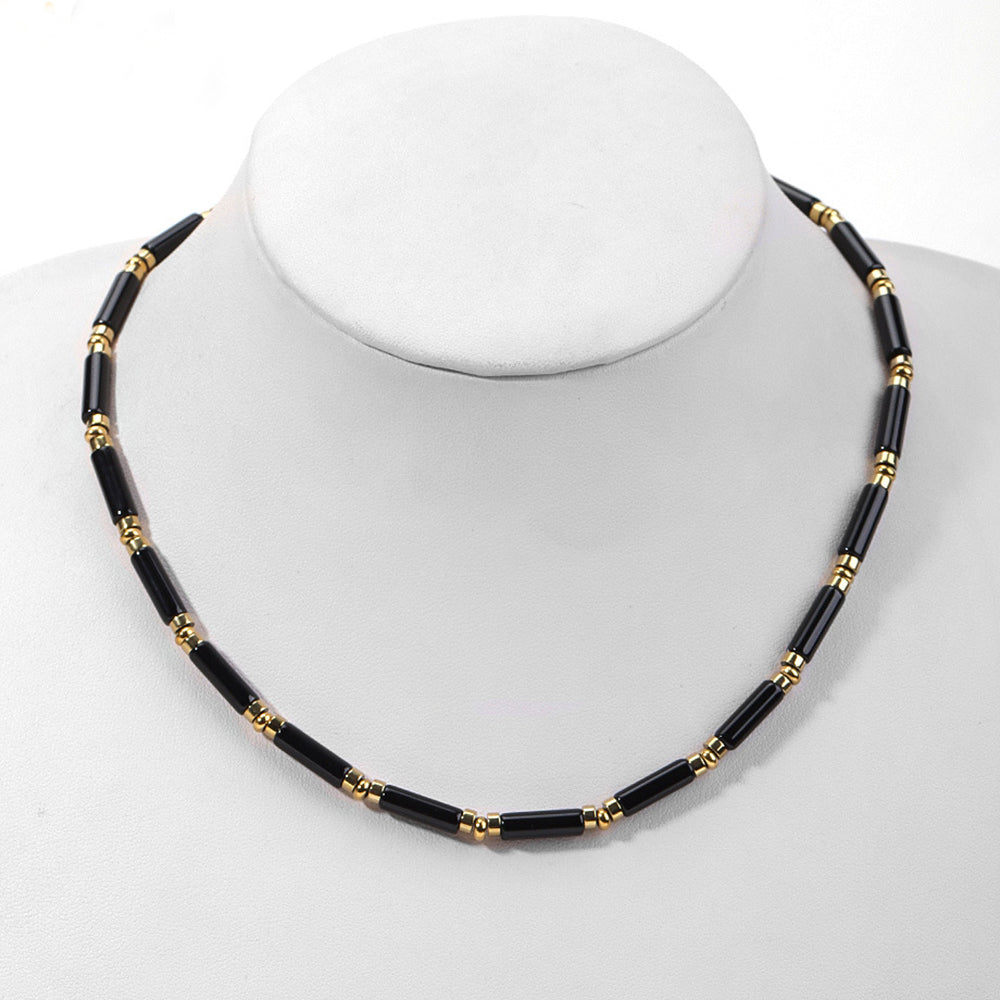 Quake E-commerce 2026 New Arrival Trending Black Natural Gemstone Genuine Cylinder Beads Beaded Necklace Jewelry