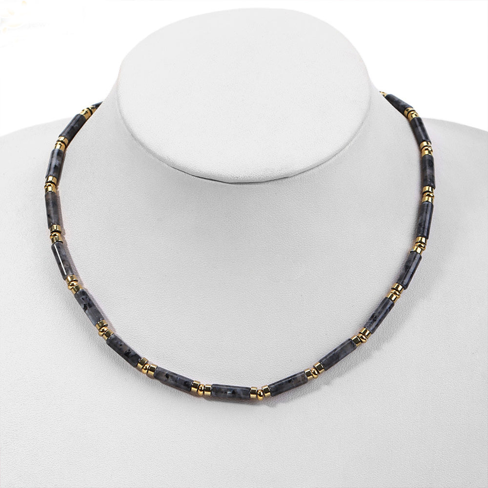 Quake E-commerce 2026 New Arrival Trending Black Natural Gemstone Genuine Cylinder Beads Beaded Necklace Jewelry
