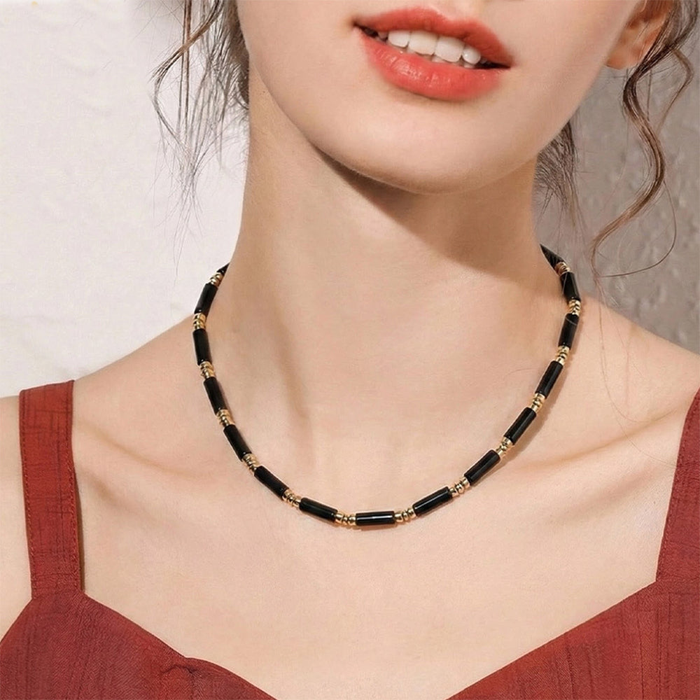 Quake E-commerce 2026 New Arrival Trending Black Natural Gemstone Genuine Cylinder Beads Beaded Necklace Jewelry