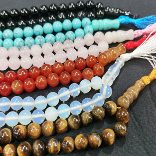 handmade boho natural gemstone rose quartz agate islamic muslim prayer 33 beads wrist bracelet tasbih tassel pendant accessory