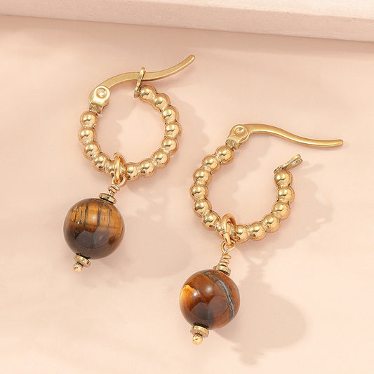 Handmade Fashion Stainless Steel tiger Eye and Pearl Bead Huggie Dangle Earring Women Earrings Jewelry