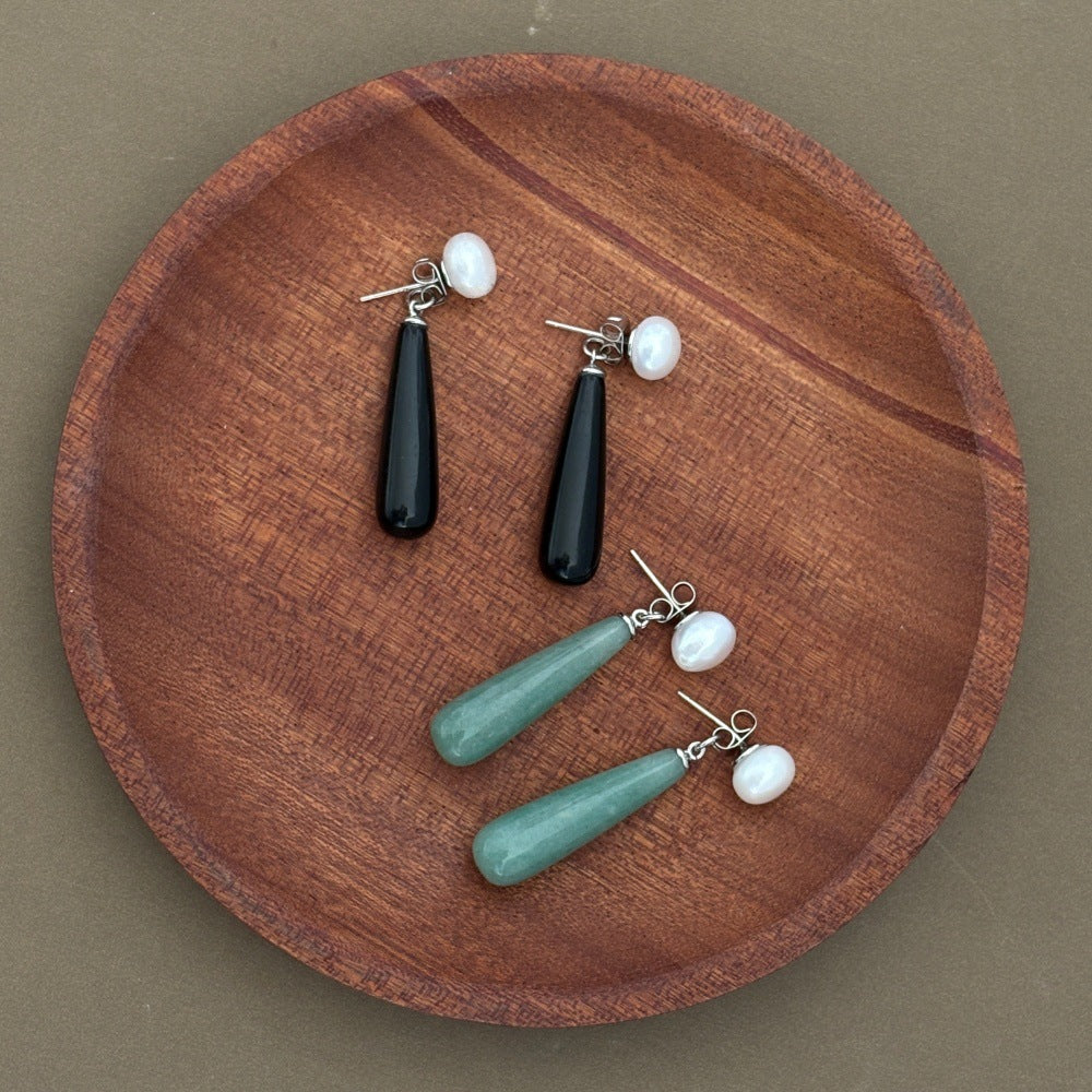 Quake E-commerce 2026 New Treding Black Agate Green Aventurine Dangle Drop 925 Silver Pin Freshwater Pearl Earring Jewelry