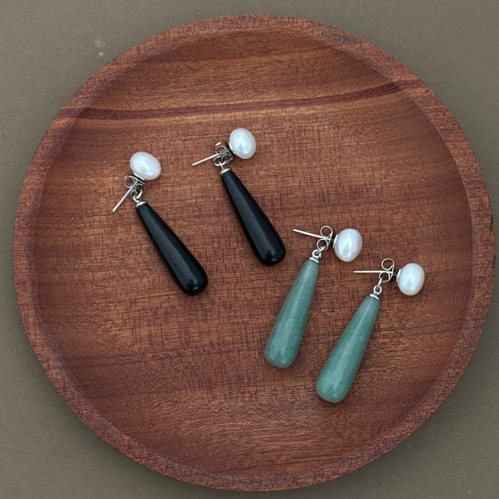 Quake E-commerce 2026 New Treding Black Agate Green Aventurine Dangle Drop 925 Silver Pin Freshwater Pearl Earring Jewelry