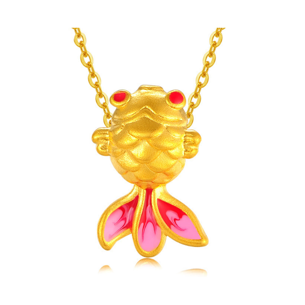 Dainty 18k Real 999 3d Hard Gold Necklace Heart Fish Feather Heart Flower Rose Clover Pendant Jewelry for Women