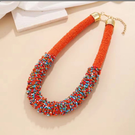 Woven Multi-layer African Necklace Handmade Bohemia Necklace Colorful Rice Beads Exaggerated Necklace Set for Women