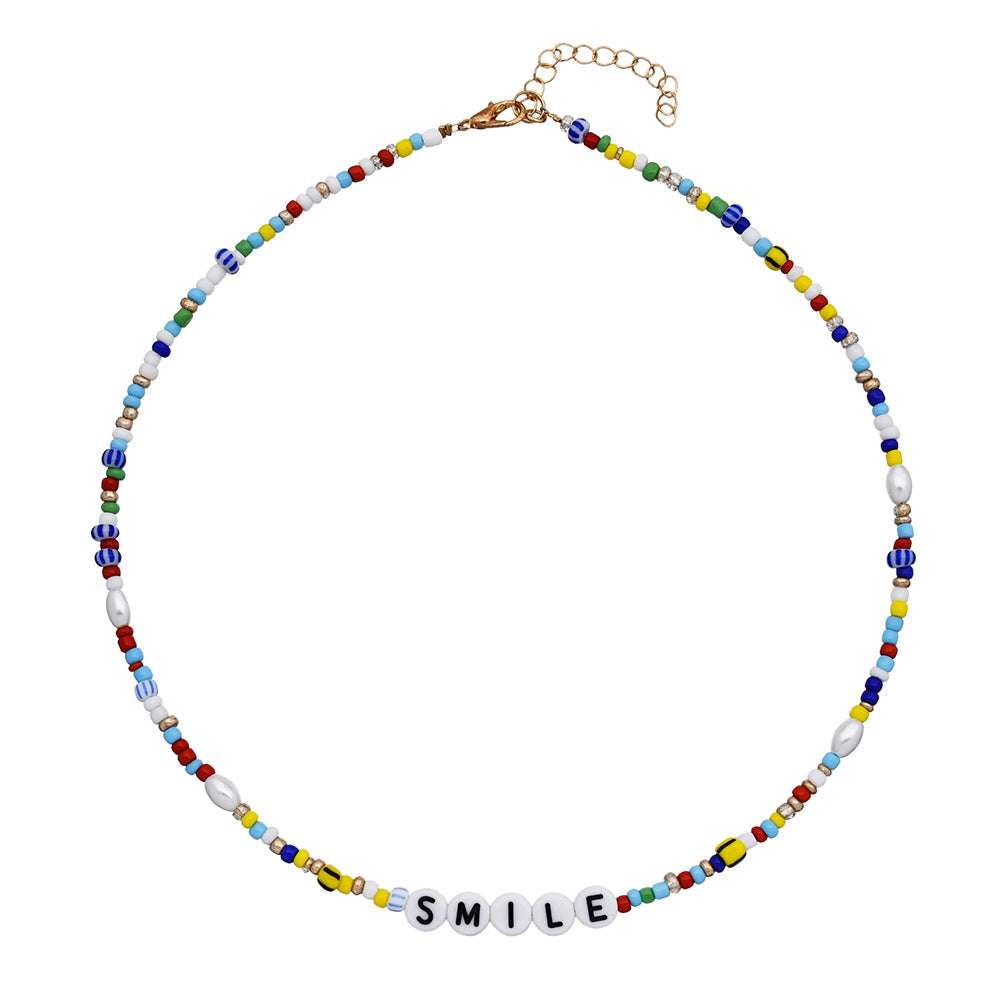 handmade colorful bohemian layers glass seed beads abs pearl beads smile letter charm layered necklace jewelry
