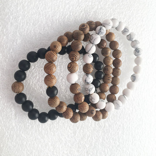 customizable 8mm round ball wood and gem black agate howlite stone beads bangle bracelet couple men women oem