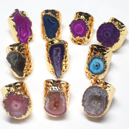 punk classic unique big natural real agate druzy stone ring finger rings open cuff adjustable jewelry unisex