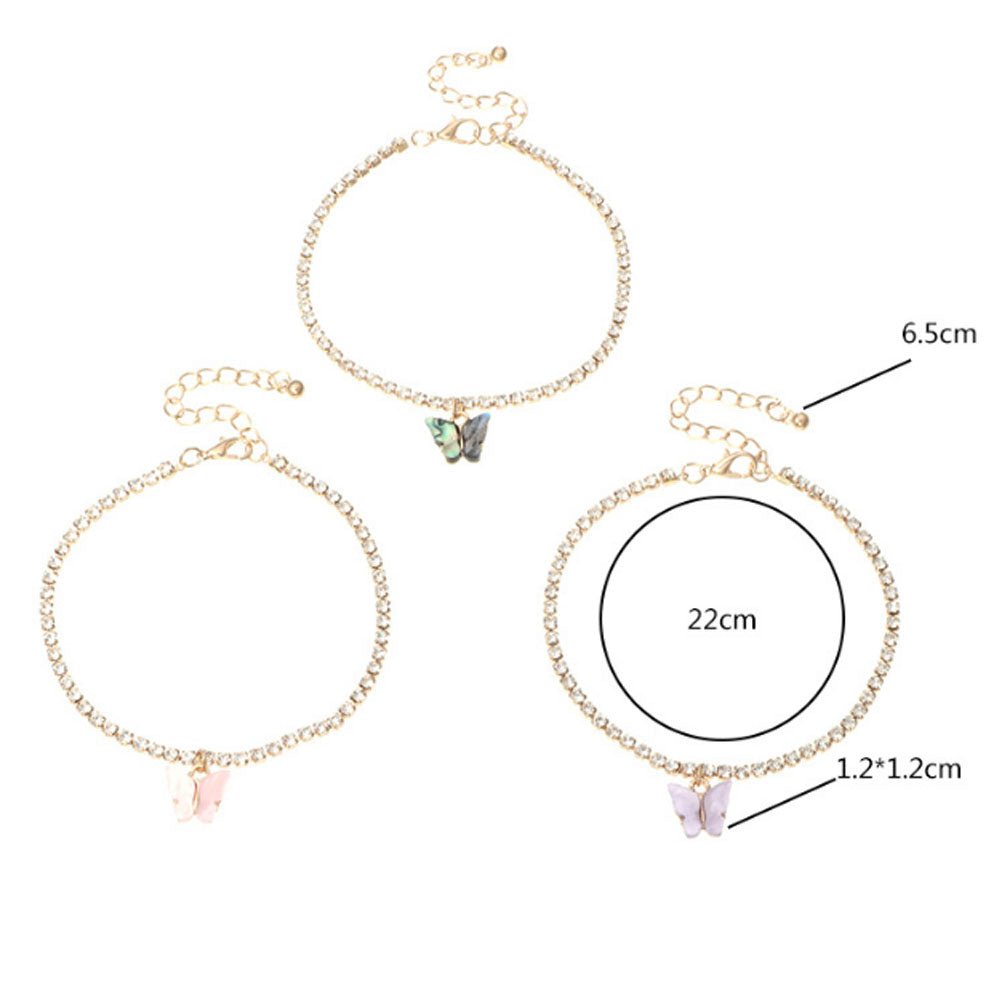 fashion brass alloy rhinestone beads paving tennis chain butterfly charm anklet foot bracelet jewelry 3pcs a set