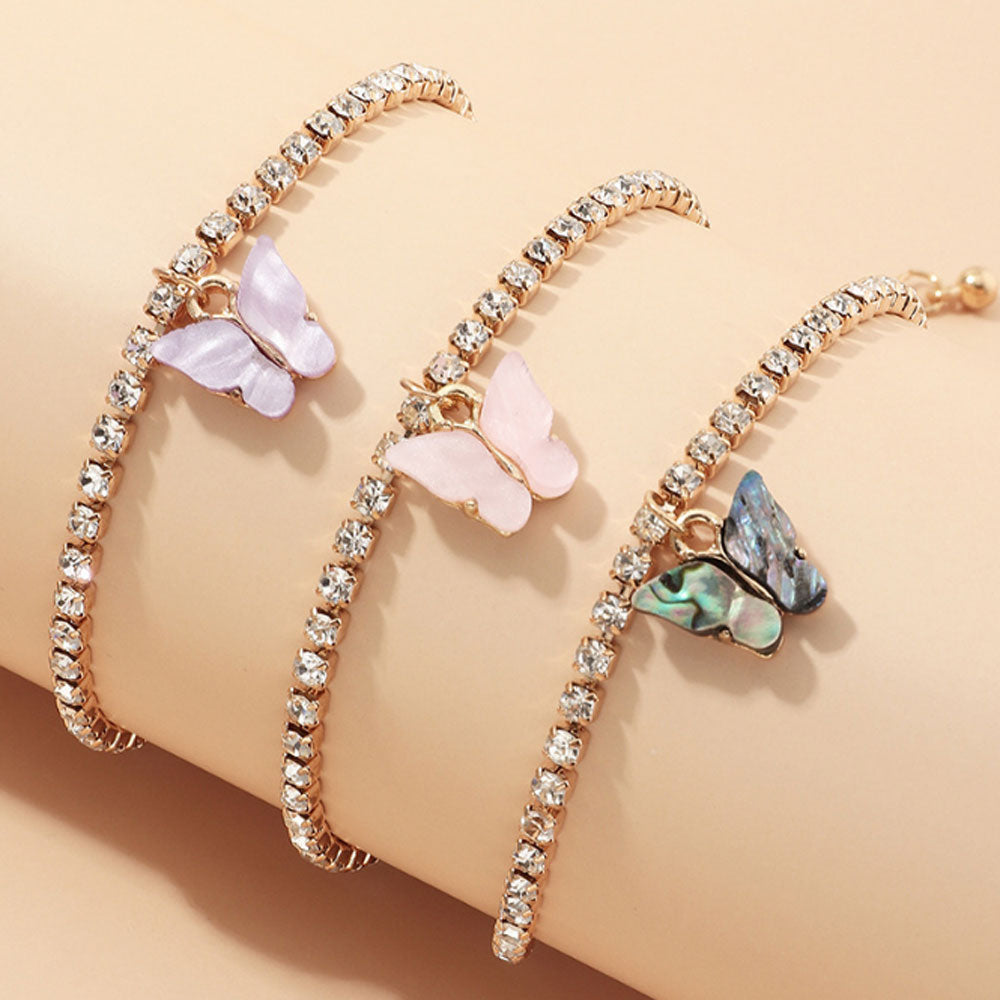fashion brass alloy rhinestone beads paving tennis chain butterfly charm anklet foot bracelet jewelry 3pcs a set