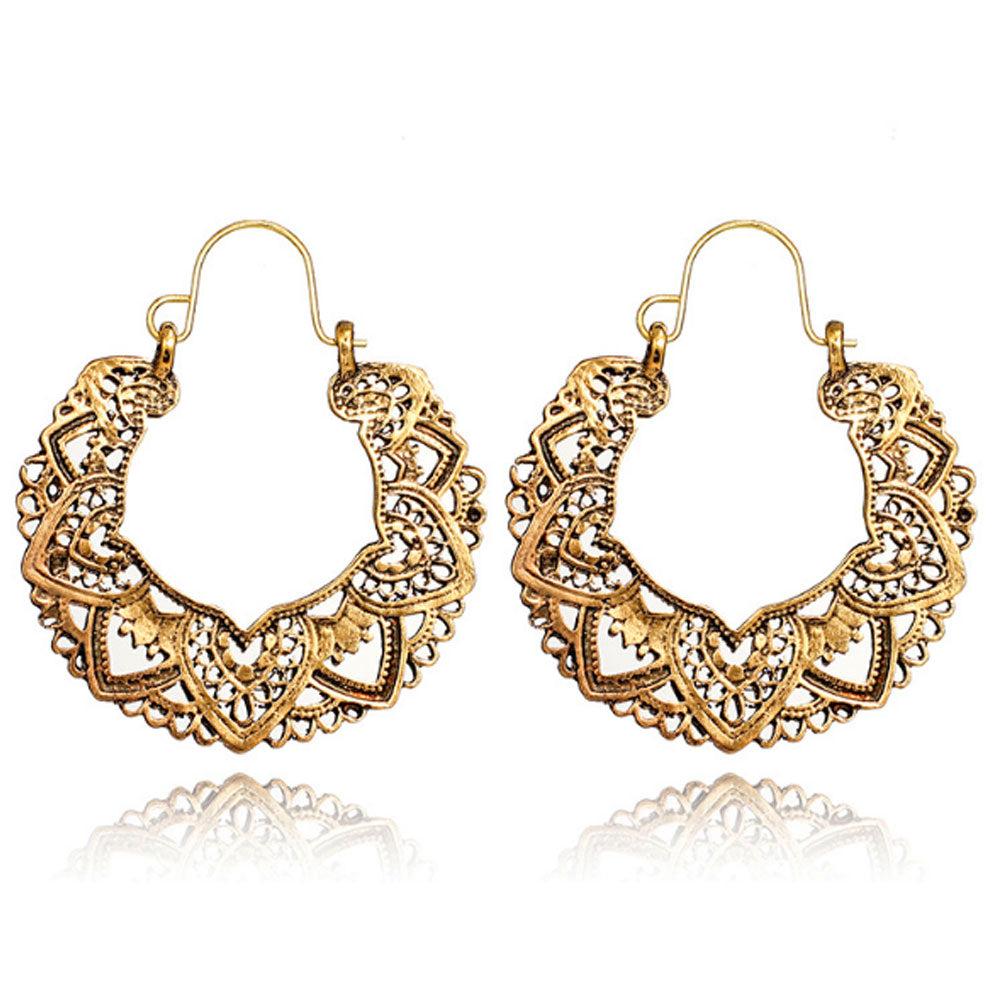 boho vintage ethnic tribal brass printed hollow out hoop earrings jewelry women