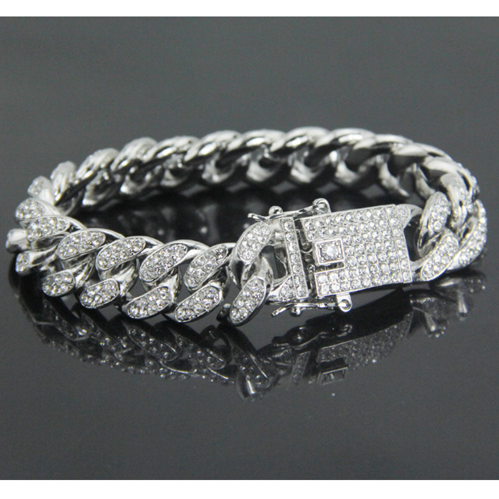 cheap 12mm wide hip hop iced ice out rhinestone diamond cuban link tennis bling chain bracelet jewelry men