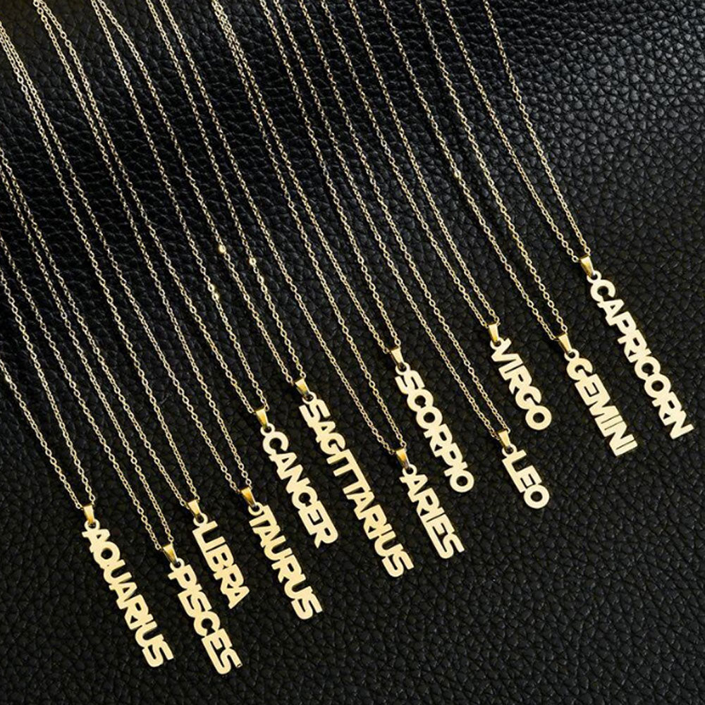 stainless steel old english font gold silver plated vertical horoscope tewelve zodiac sign pendant chain necklace jewelry