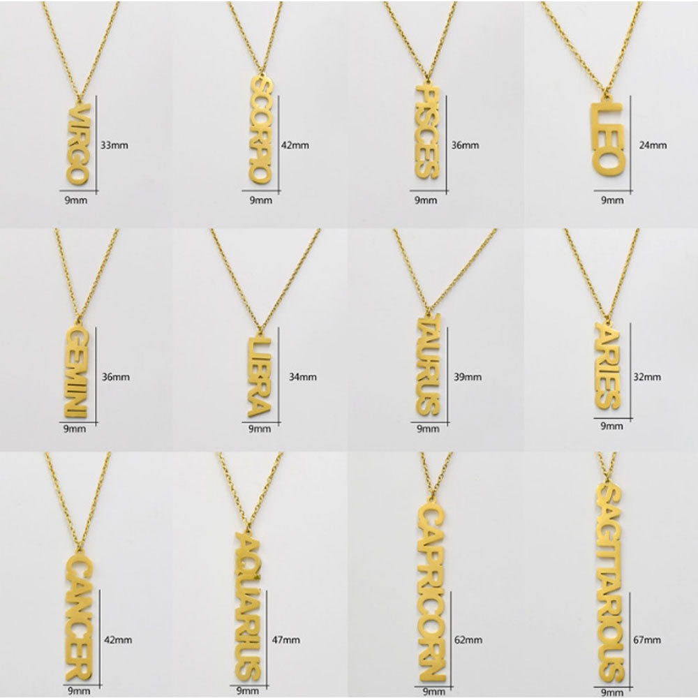 stainless steel old english font gold silver plated vertical horoscope tewelve zodiac sign pendant chain necklace jewelry