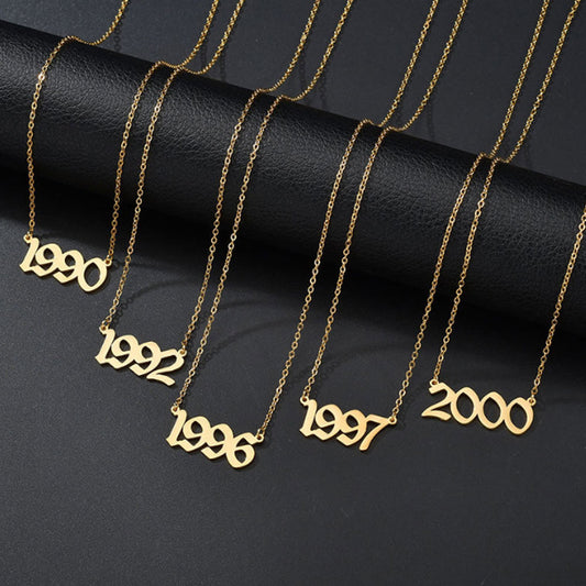 fashion gold silver plated stainless steel old english font 18 inches chain pendant birth year necklace women