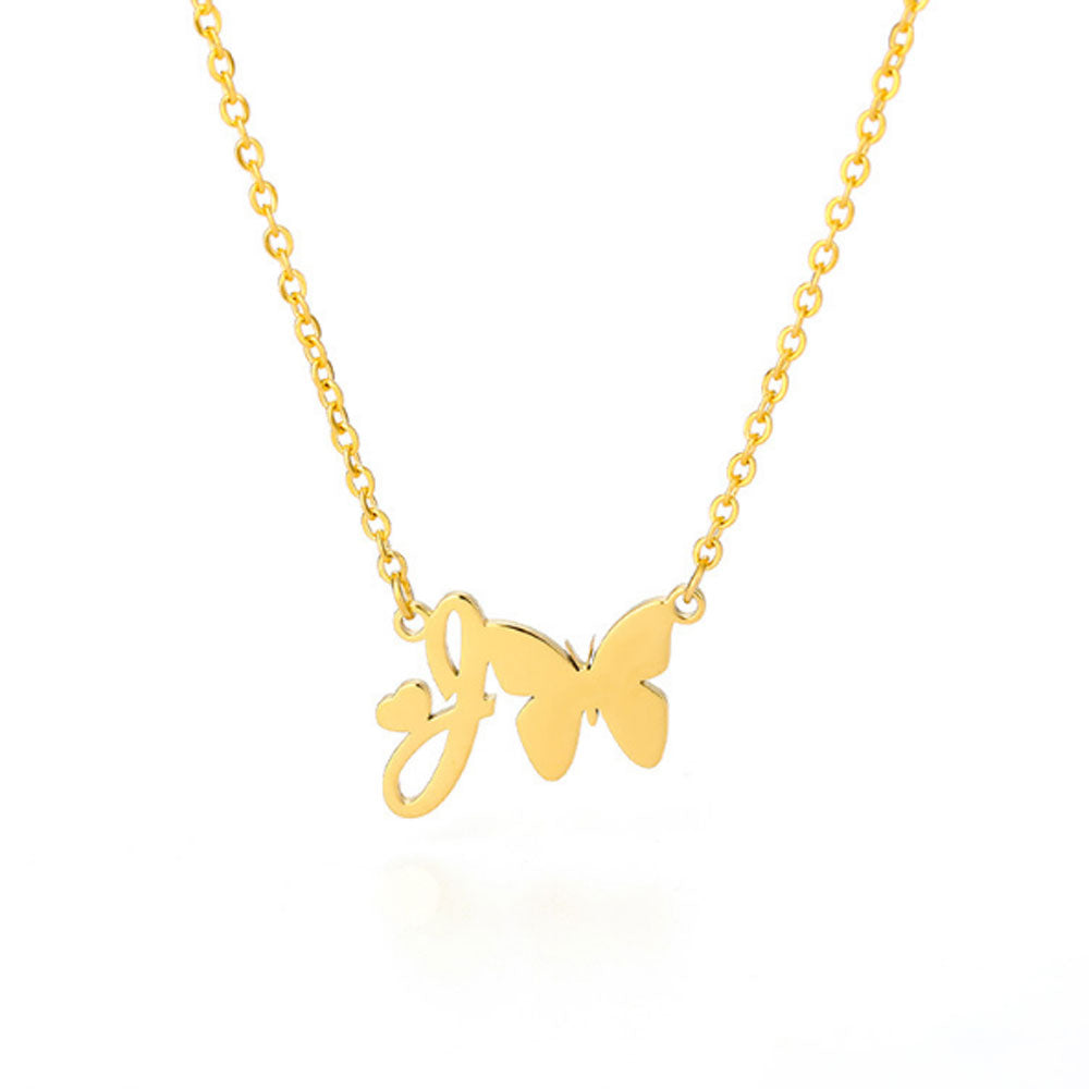 women stainless steel gold plated letter necklace initial with butterfly