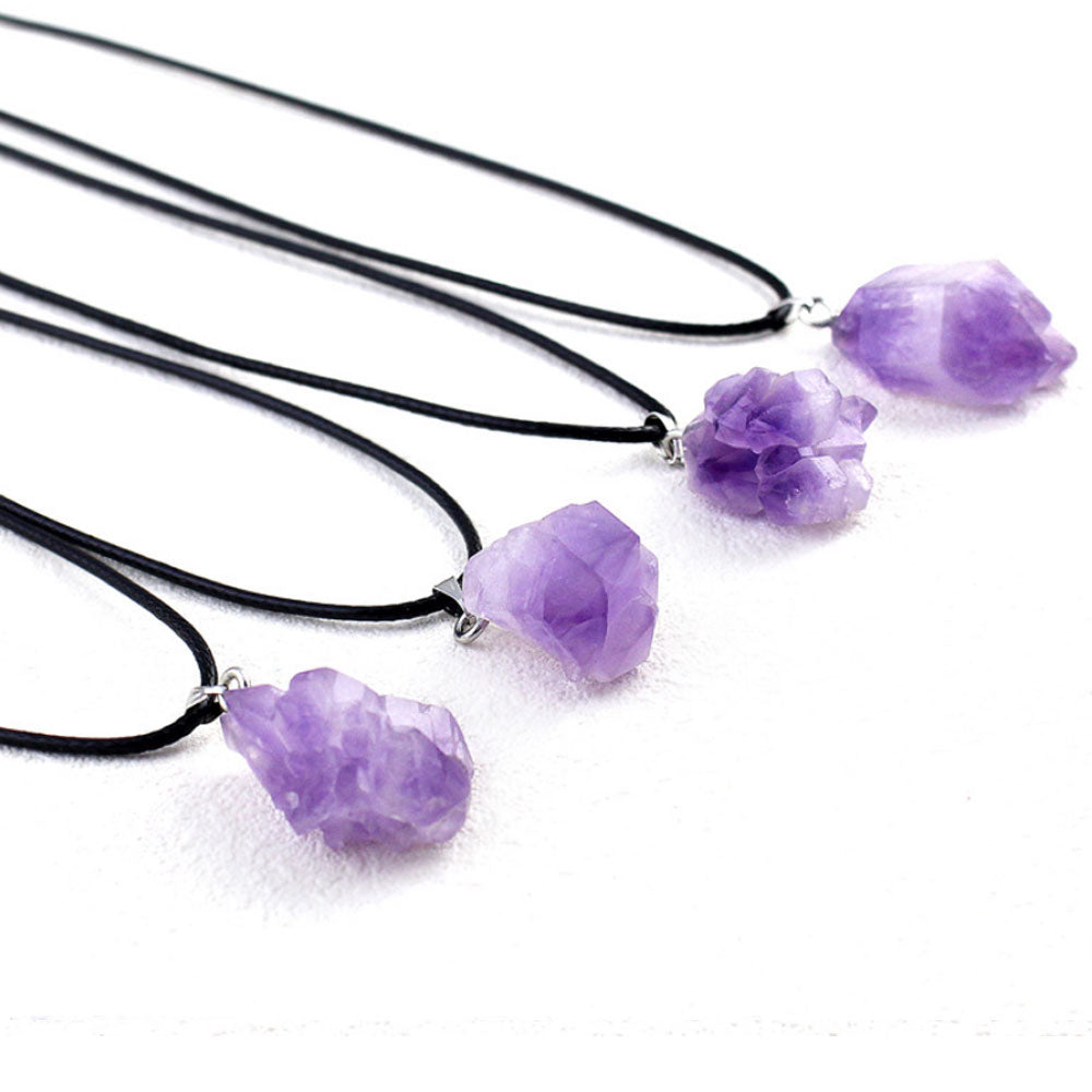 wax cord and alloy chain semi-precious amethyst pendant crystals healing rough stones necklaces natural