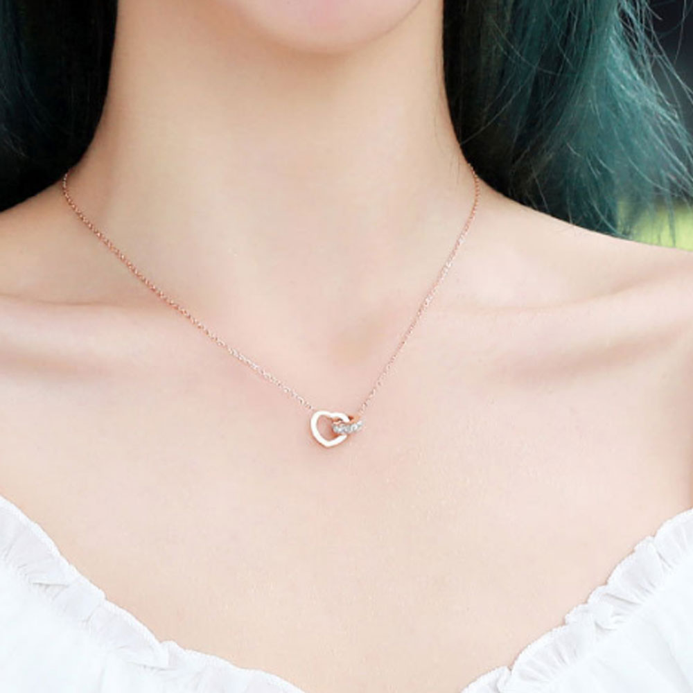 rose gold plated stainless steel circle love heart two interlocked necklace women jewelry
